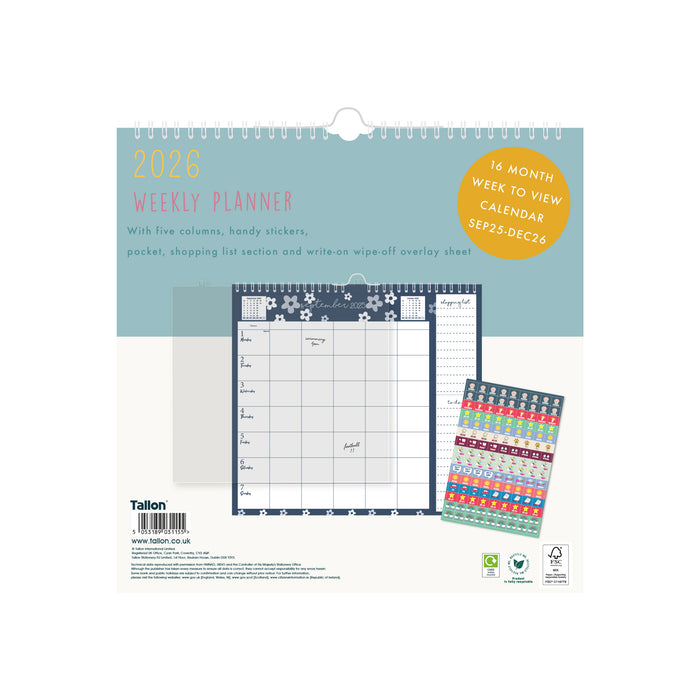 Bees and Flowers 2026 Week to View Square Wall Calendar with Stickers