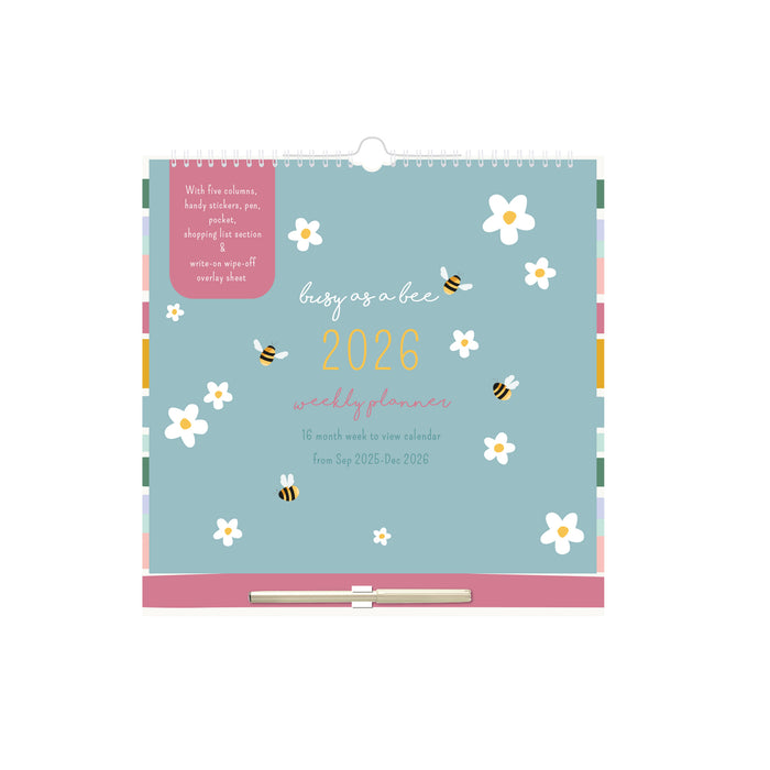 Bees and Flowers 2026 Week to View Square Wall Calendar with Stickers