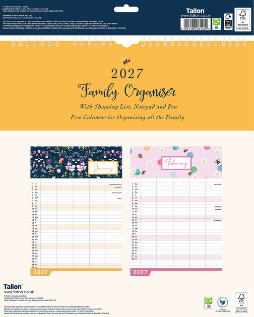 Bees and Flowers Family 2027 Large Wall Calendar
