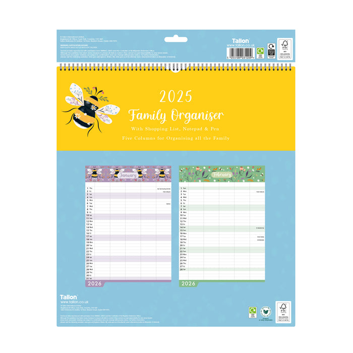 Bees and Flowers Family Planner 2026 Large Wall Calendar with Pen