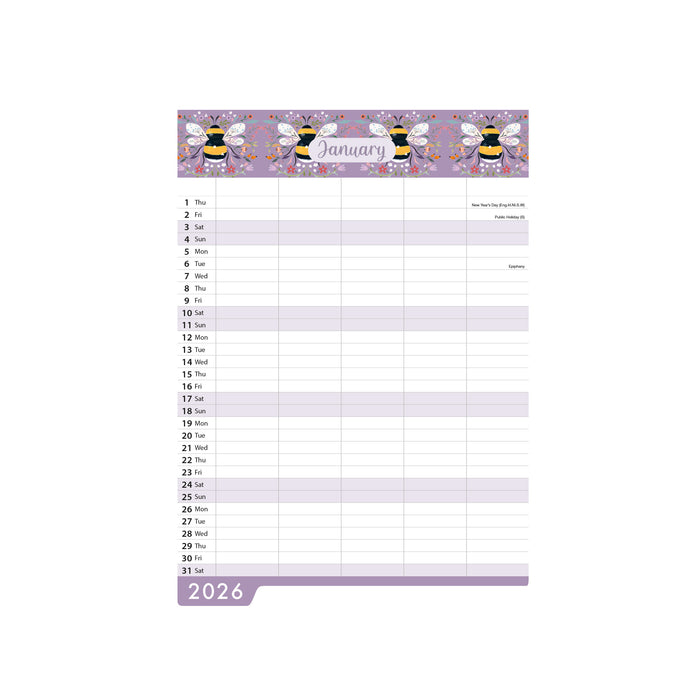Bees and Flowers Family Planner 2026 Large Wall Calendar with Pen