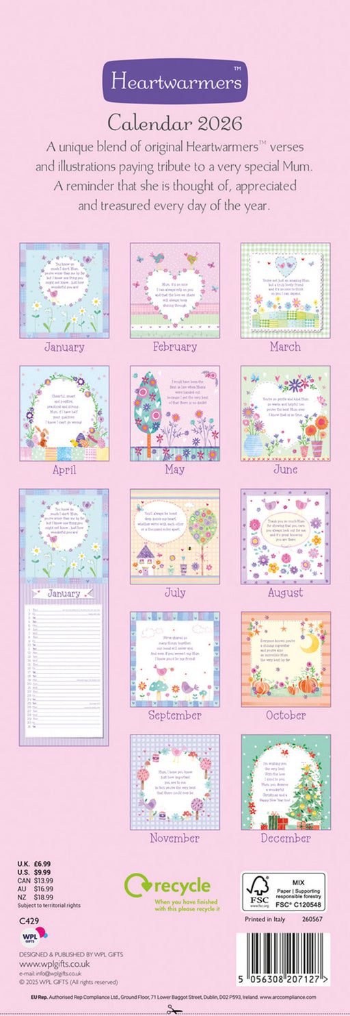 To My Mum Heartwarmers 2026 Slimline Wall Calendar