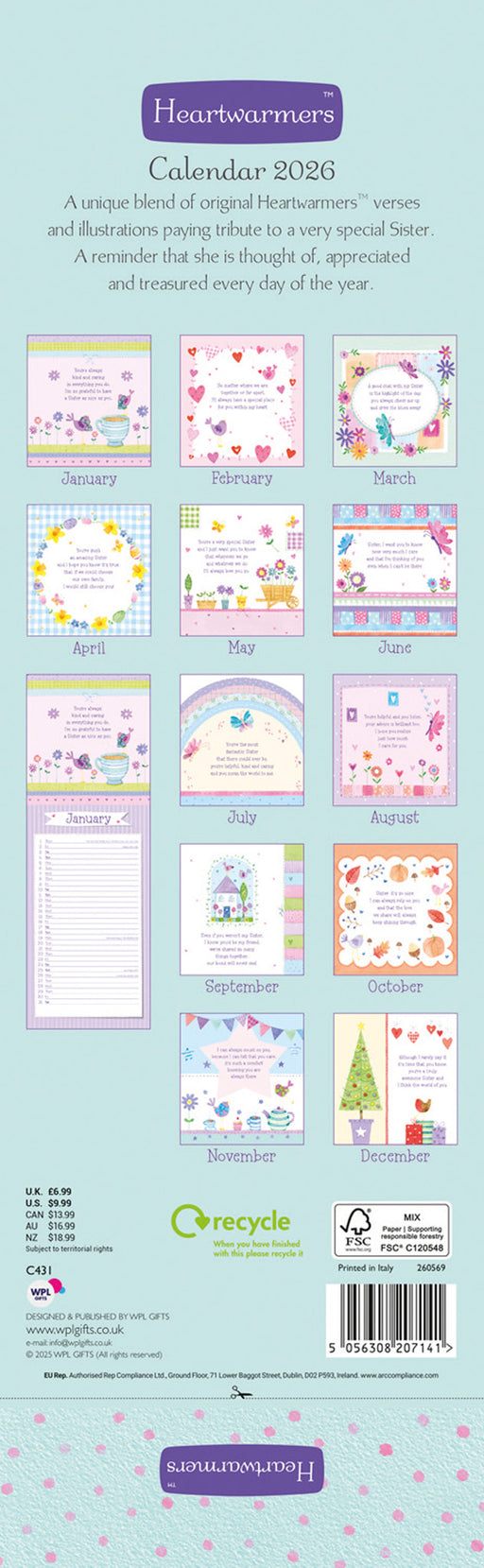 To My Sister 2026 Slimline Wall Calendar