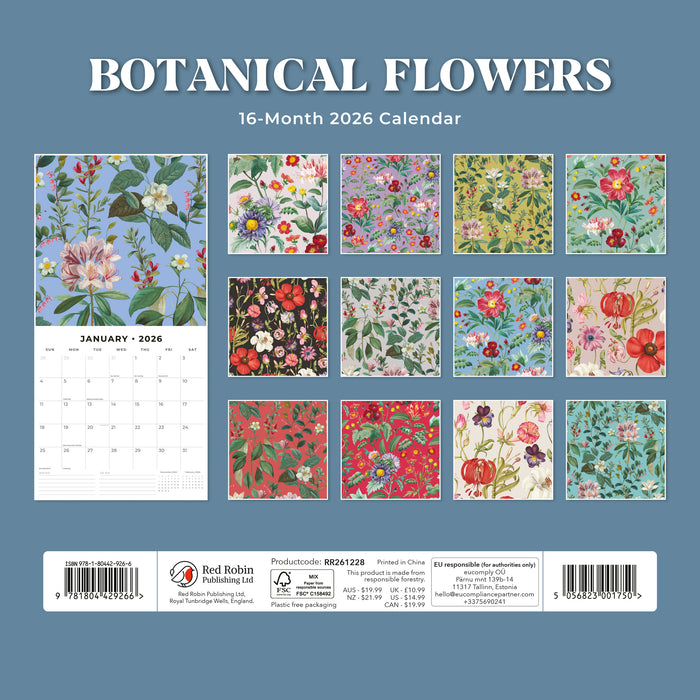 Botanical Flowers 2026 Square Wall Calendar