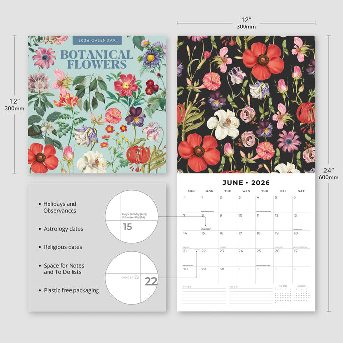 Botanical Flowers 2026 Square Wall Calendar