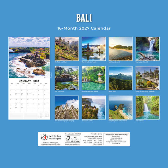 Bali 2027 Square Wall Calendar