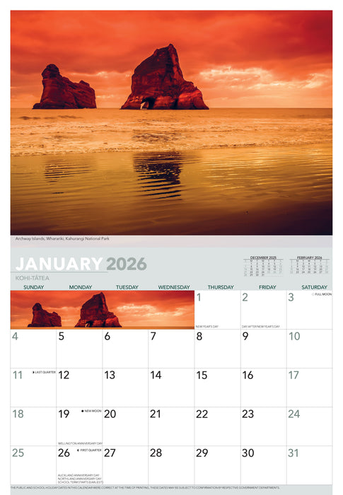 National Parks of New Zealand 2026 A4 Wall Calendar