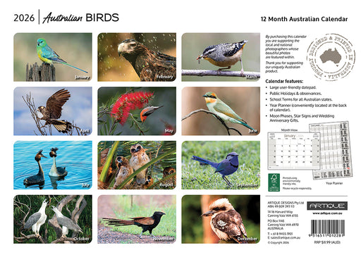 Australian Birds 2026 A4 Wall Calendar