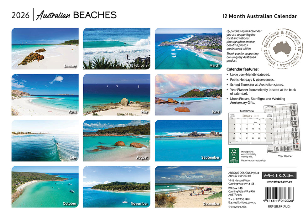 Australian Beaches 2026 A4 Wall Calendar
