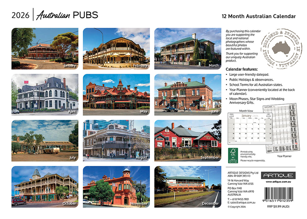 Australian Pubs 2026 A4 Wall Calendar