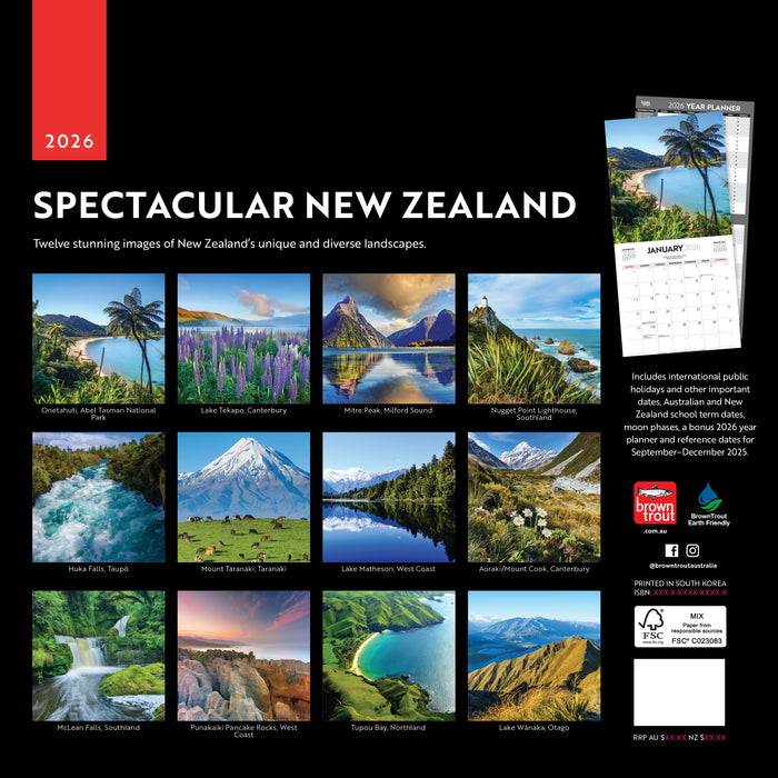 Spectacular New Zealand 2026 Square Wall Calendar
