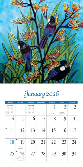 New Zealand Artwork by Jo May 2026 Square Wall Calendar