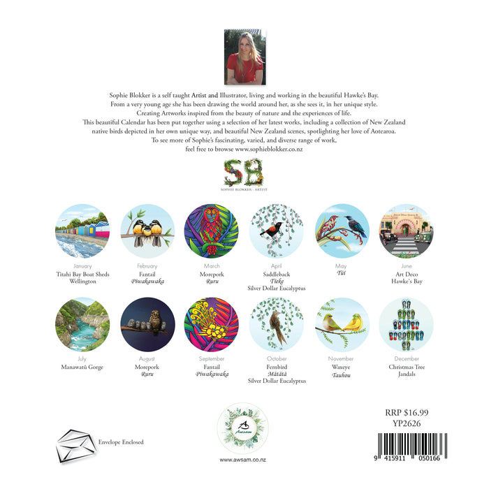 New Zealand Artwork by Sophie Blokker 2026 Square Wall Calendar