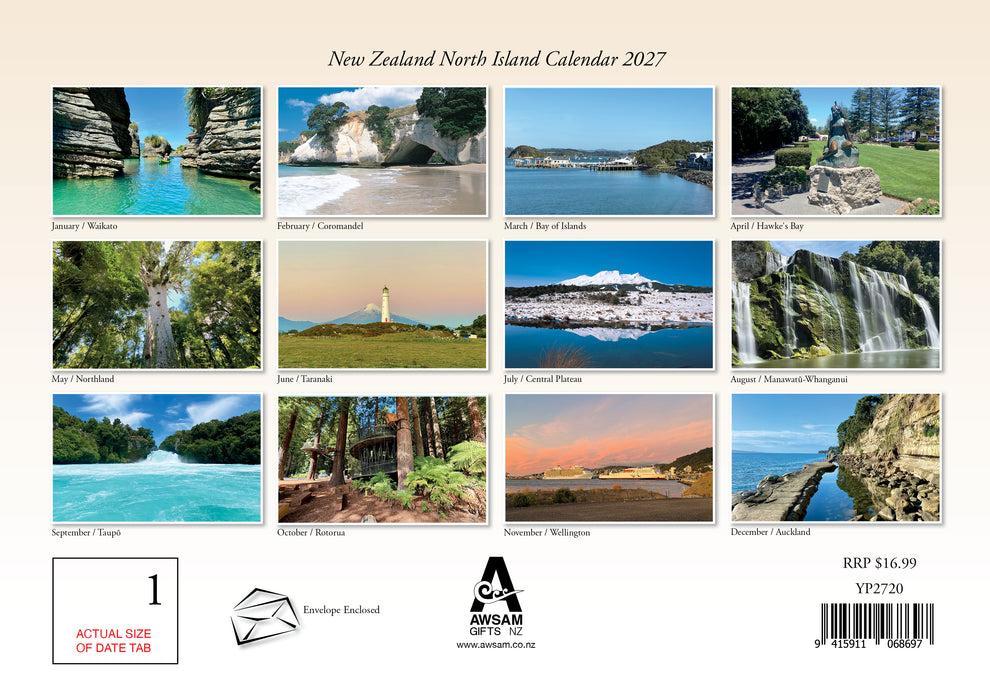 North Island with Fridge Magnet 2027 A4 Wall Calendar