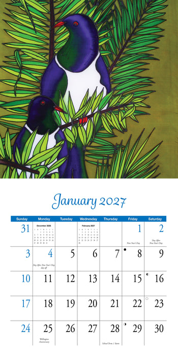 New Zealand Artwork by Jo May 2027 Square Wall Calendar
