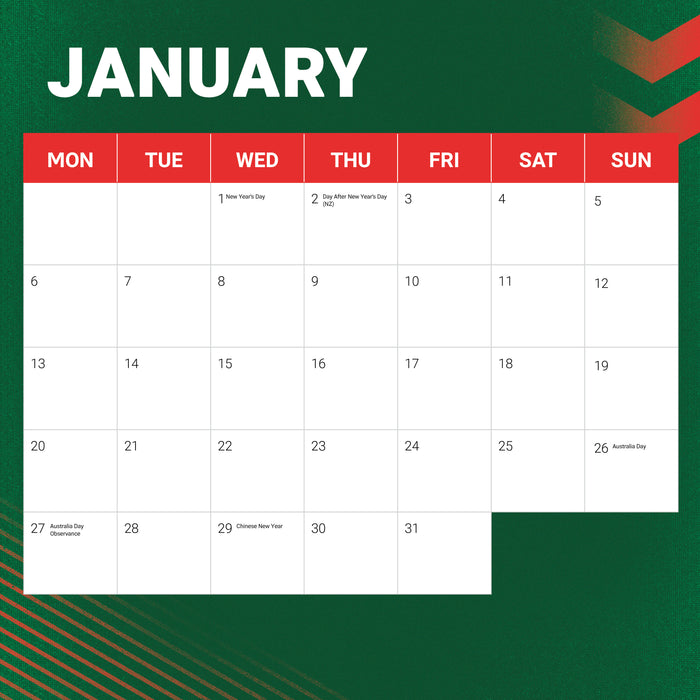 2025 NRL South Sydney Rabbitohs Wall Calendar