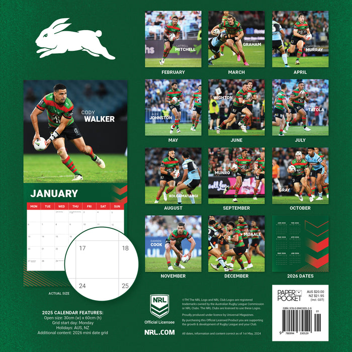 2025 NRL South Sydney Rabbitohs Wall Calendar