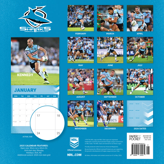 2025 NRL Cronulla Sharks Wall Calendar