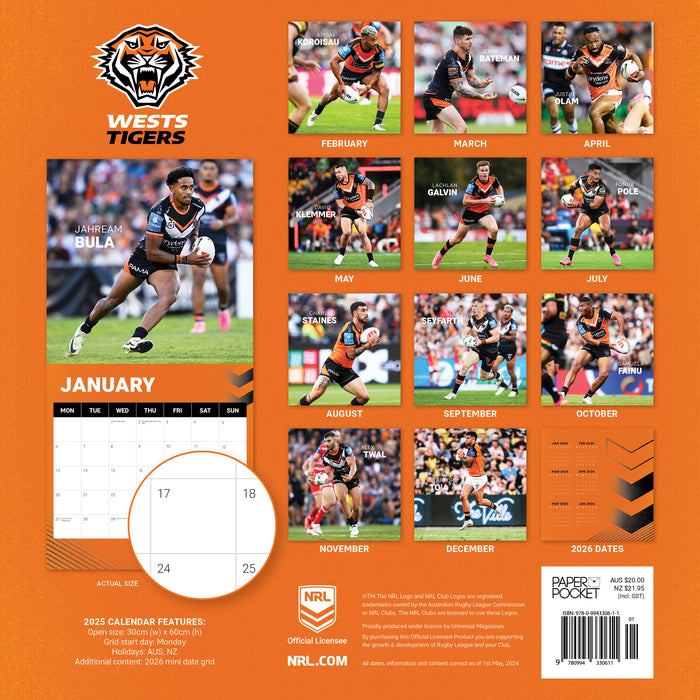 2025 NRL Wests Tigers Wall Calendar