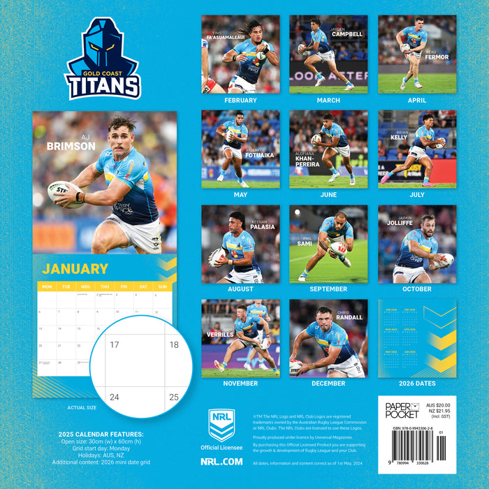 2025 NRL Gold Coast Titans Wall Calendar