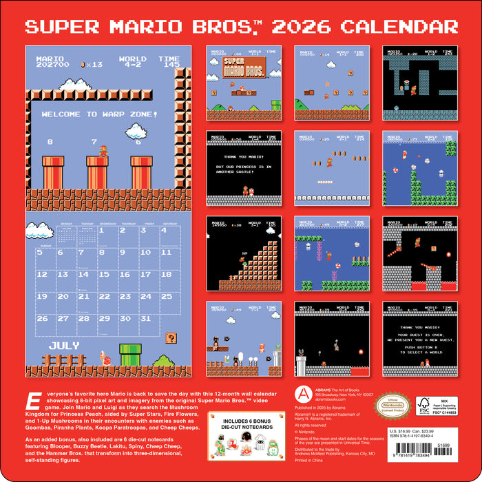 Super Mario Bros 8 Bit Retro WITH Die-cut Notecards 2026 Square Wall Calendar