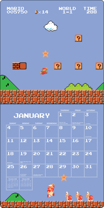 Super Mario Bros 8 Bit Retro WITH Die-cut Notecards 2026 Square Wall Calendar
