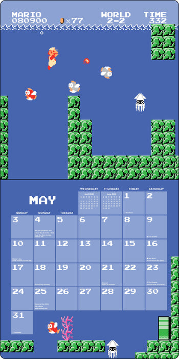 Super Mario Bros 8 Bit Retro WITH Die-cut Notecards 2026 Square Wall Calendar