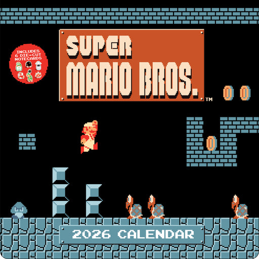 Super Mario Bros 8 Bit Retro WITH Die-cut Notecards 2026 Square Wall Calendar