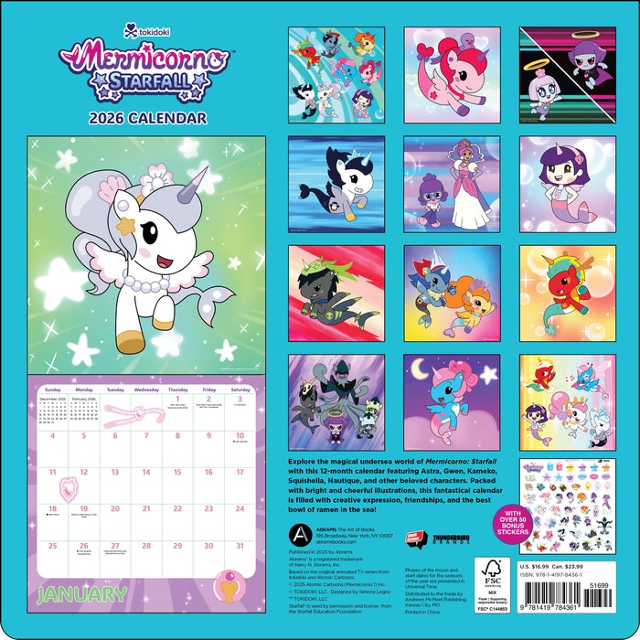 Mermicorno Starfall with Stickers 2026 Square Wall Calendar