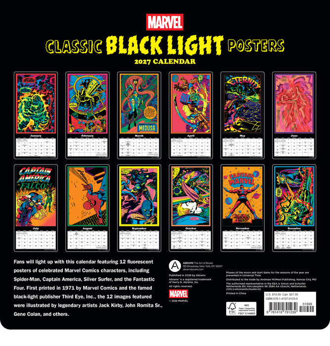 Marvel Classic Black Light Poster 2027 Large Wall Calendar