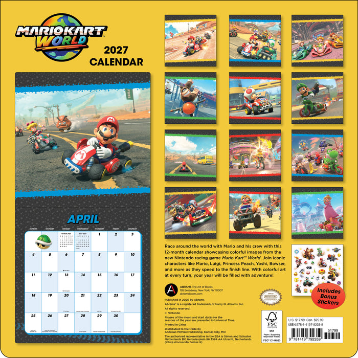 Mario Kart World with Bonus Sticker 2027 Square Wall Calendar