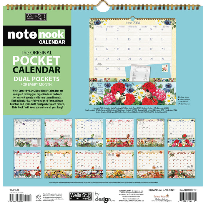 Botanical Gardens Note Nook 2026 Square Wall Calendar with Pocket