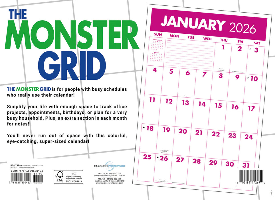 Monster Grid 2026 Large Wall Calendar