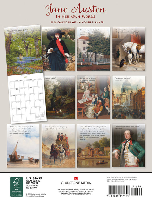 Jane Austen 2026 A4 Wall Calendar