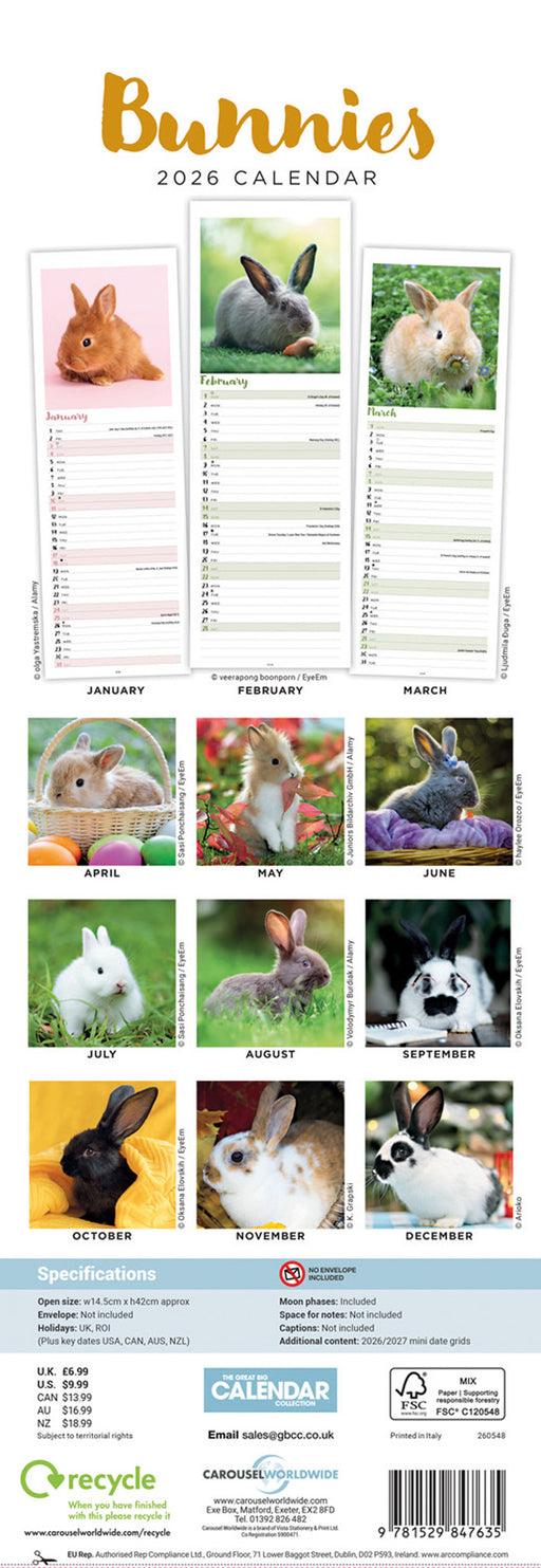 Bunnies 2026 Slimline Wall Calendar