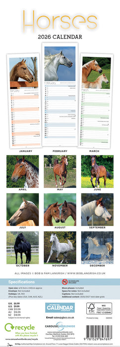 Horses 2026 Slimline Wall Calendar