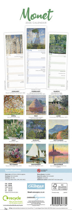 Monet Claude 2026 Slimline Wall Calendar