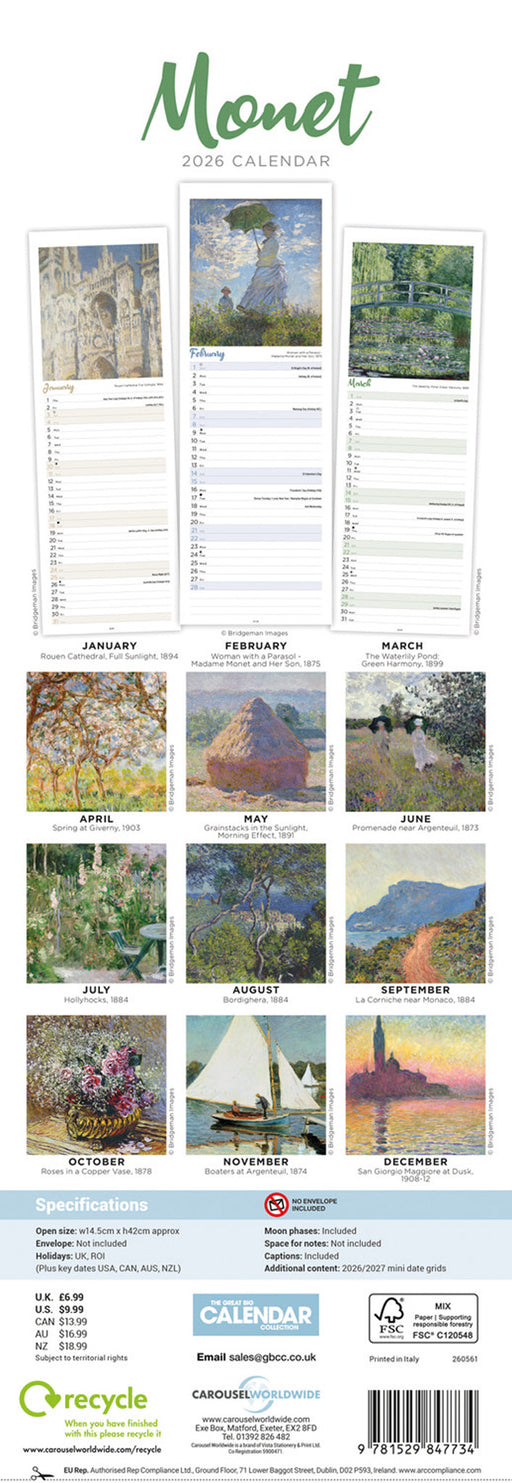 Monet Claude 2026 Slimline Wall Calendar