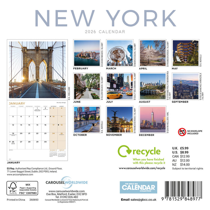 New York 2026 Mini Wall Calendar