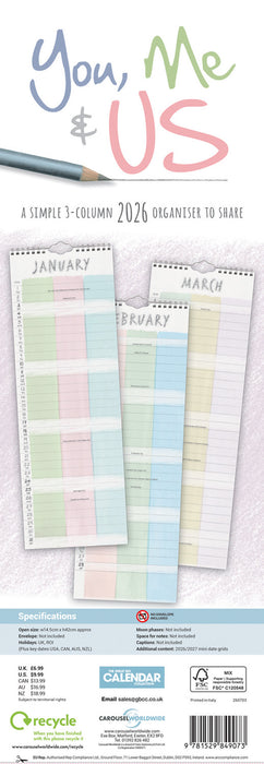 You Me and Us 2026 Slimline Wall Calendar