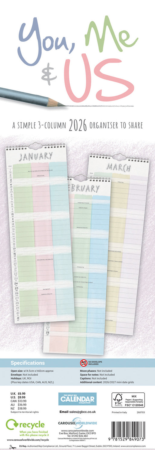 You Me and Us 2026 Slimline Wall Calendar