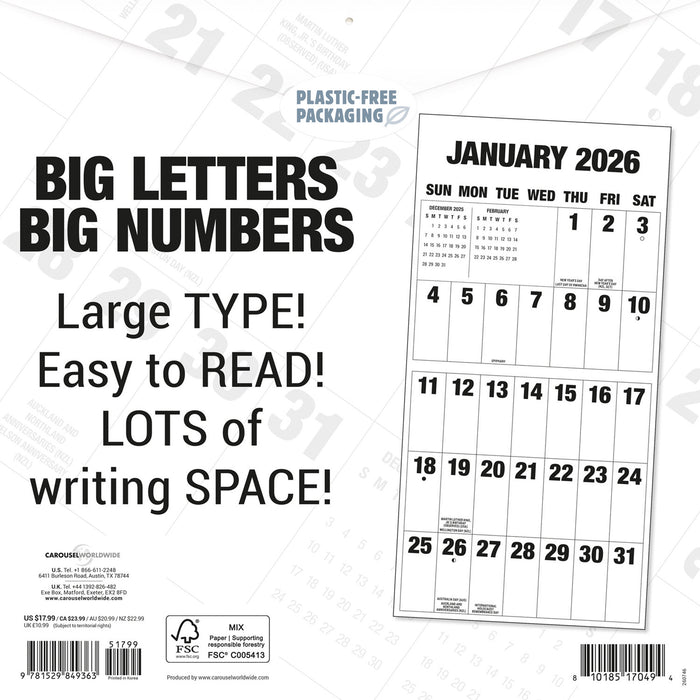 Big Letters Big Numbers 2026 Square Wall Calendar