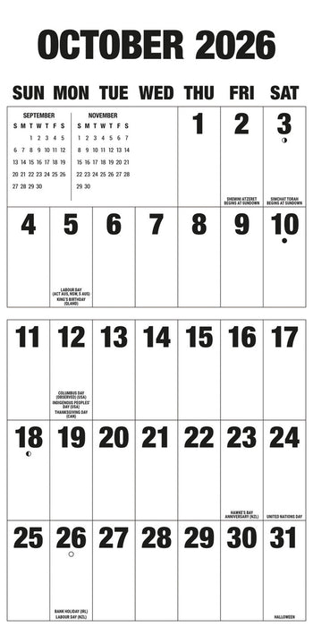 Big Letters Big Numbers 2026 Square Wall Calendar