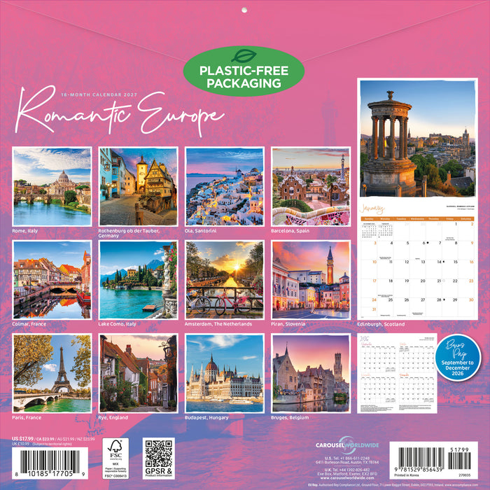 Romantic Europe 2027 Square Wall Calendar