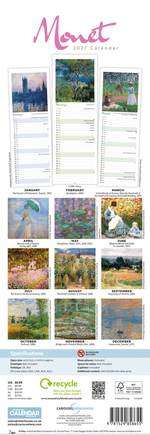 Monet Claude 2027 Slimline Wall Calendar