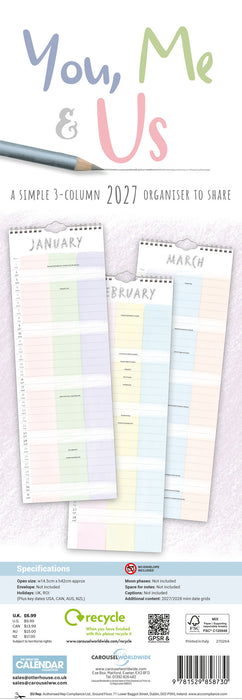 You Me and Us 2027 Slimline Wall Calendar