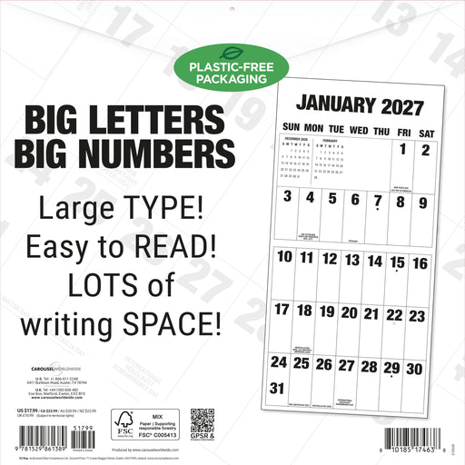 Big Letters Big Numbers 2027 Square Wall Calendar