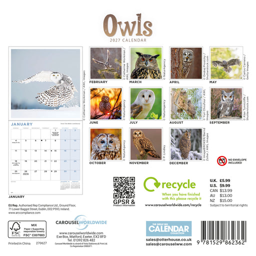 Owls 2027 Mini Wall Calendar