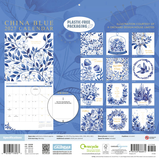 China Blue Orchard Design 2027 Square Wall Calendar