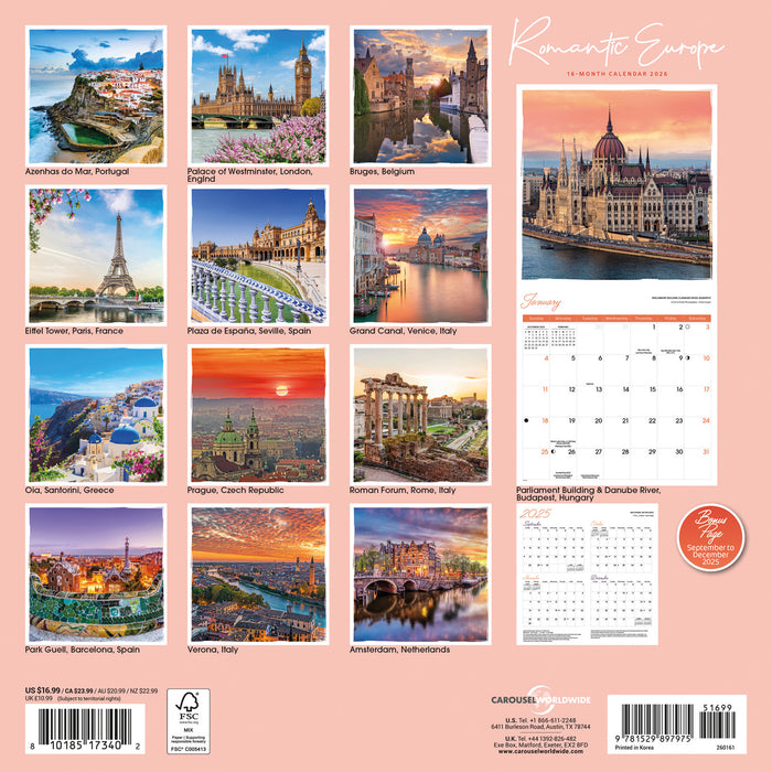 Romantic Europe 2026 Square Wall Calendar